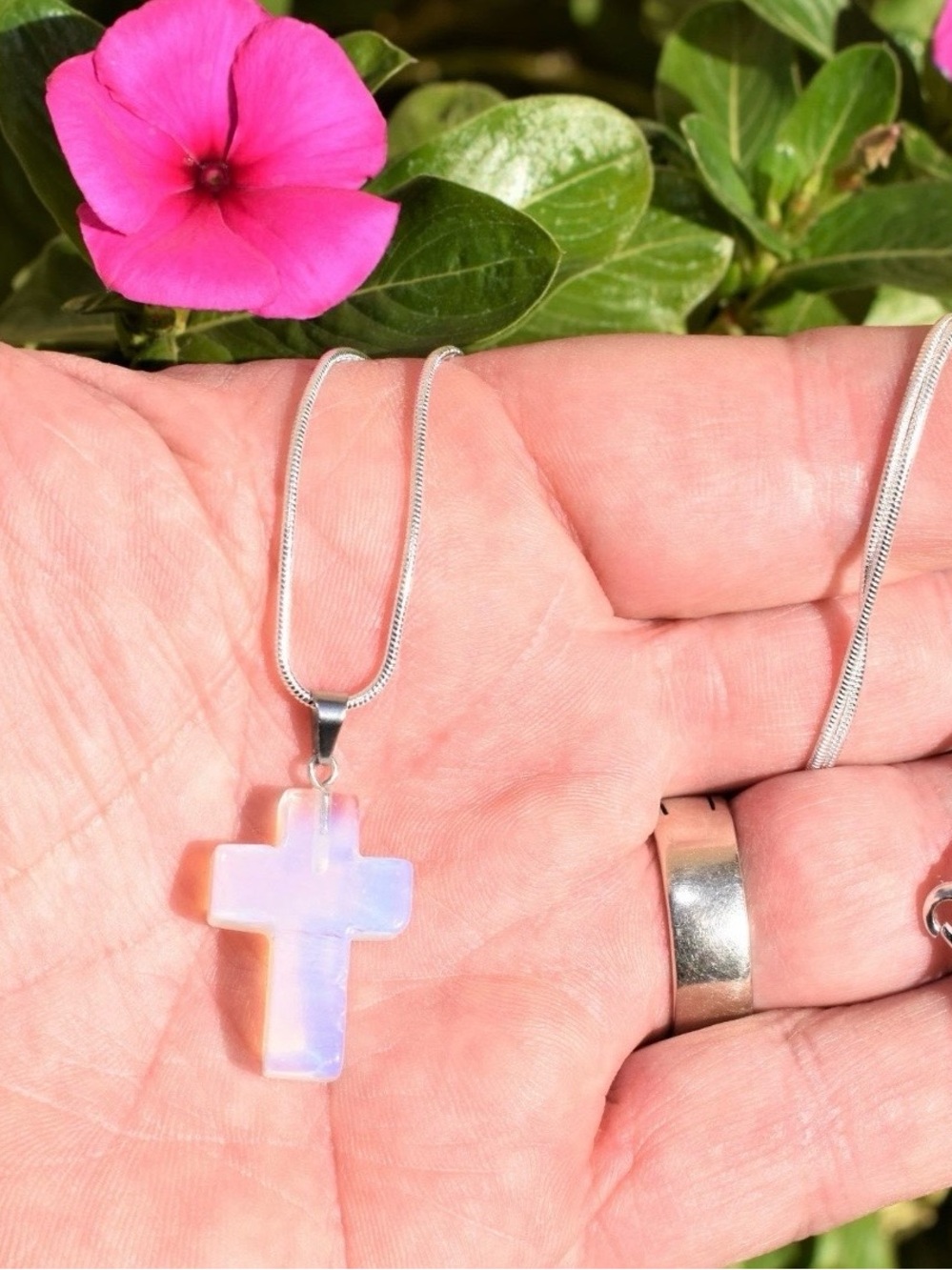 NATURAL Opalite Cross Pendant 18K White Gold Necklace